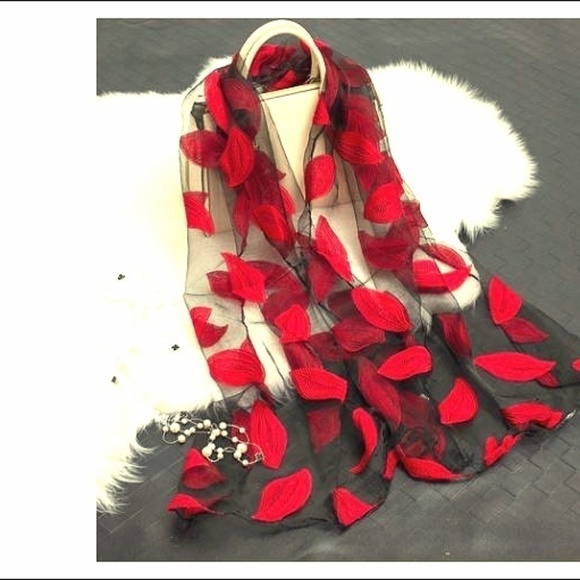 Red Leaves Polyester Satin Silk Scarf NEW - Picture 1 of 2